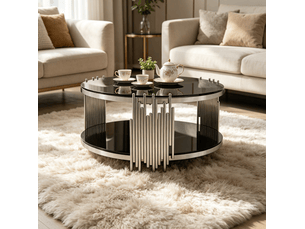 Table basse ronde 80 cm en verre trempé noir et acier inoxydable argenté