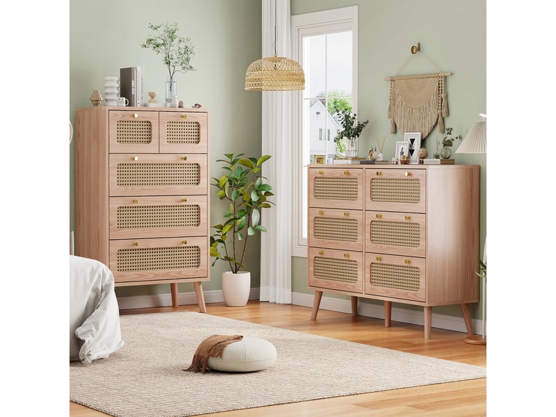 Commode à 6 tiroirs 120 x 73 x 30 cm - rangement pour chambre avec façade en rotin, style nordique - bois naturel - Conforama D