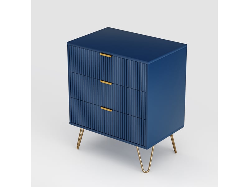  Commode 3 tiroirs à lignes verticales - 60 x 40 x 70 cm-bleu foncé - meuble de rangement moderne avec pieds en épingle dorés  - Conforama A