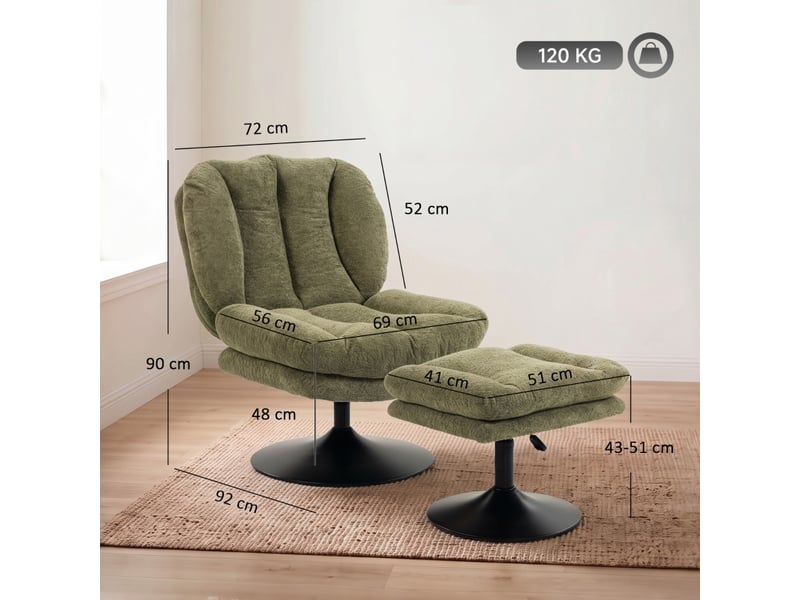  Fauteuil pivotant avec pouf réglable en hauteur, dossier enveloppant et assise rembourrée en velours polyester vert  - Conforama D