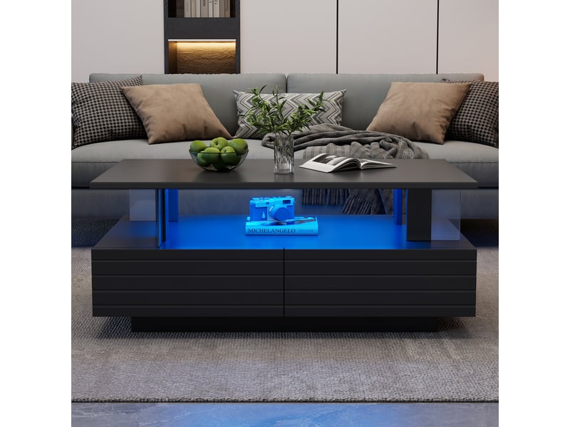 Table basse led noire en acrylique avec 2 tiroirs, contrôle par application bluetooth, 100x50x42 cm - Conforama B