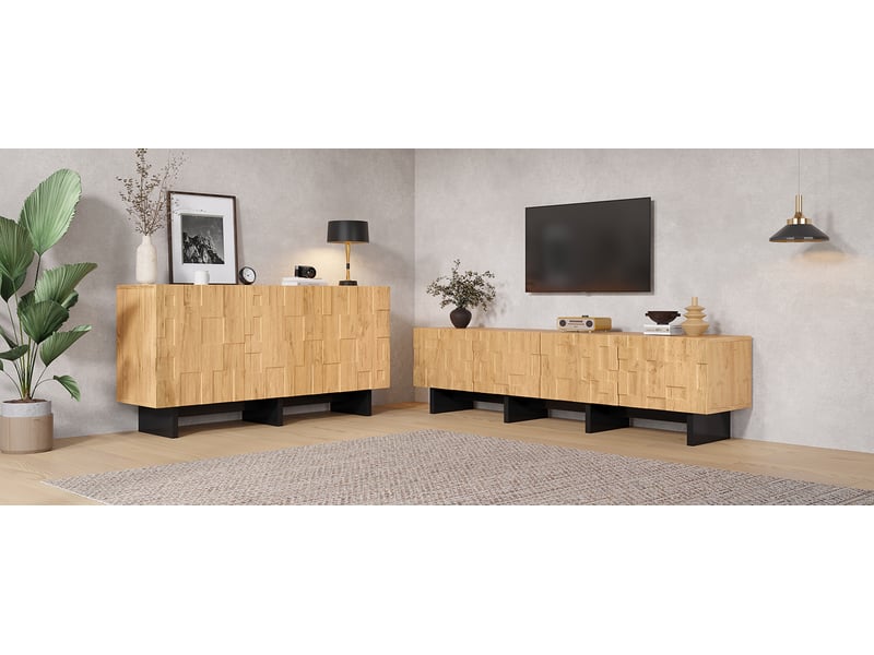  Meuble tv et buffet avec 7 portes et 9 compartiments, ouverture par pression, pour salon et salle à manger, mdf naturel  - Conforama E