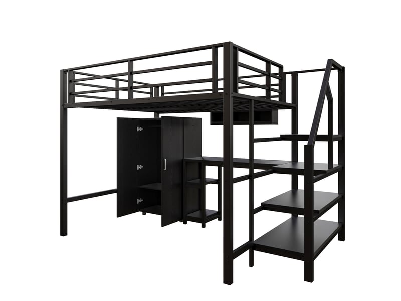  Lit mezzanine noir 140x200 cm avec bureau, armoire, étagères et échelle rangement  - Conforama E