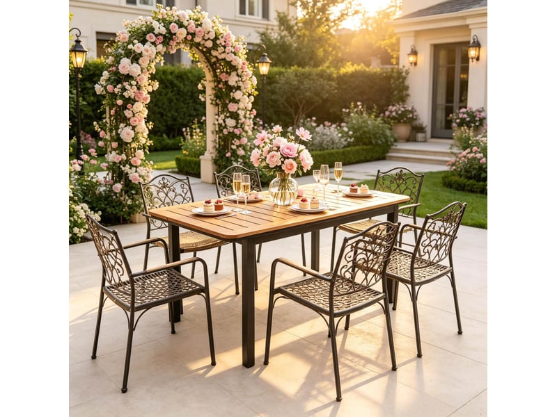 Table de jardin 127 x 70 x 75 cm marron, métal et plastique, plateau composite à lames pour 6 personnes - Conforama D