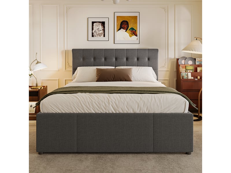  Lit simple 140x200cm, lit enfant avec trois tiroirs de rangement, lit extensible à roulettes, tête de lit réglable en hauteur, gris  - Conforama E