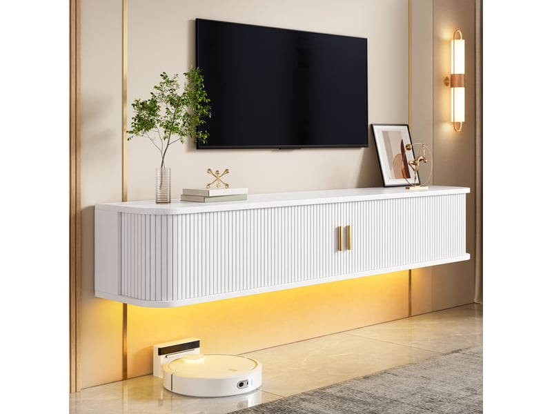  Meuble tv suspendu led 175 cm blanc avec portes coulissantes rainurées et tiroir IKSETERA TRADING LTD - Conforama E