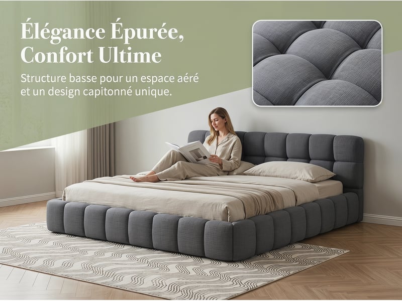  Lit 2 places 140 x 200 cm - tissu lin - tête de lit souple et cadre de lit robuste - gris  - Conforama E