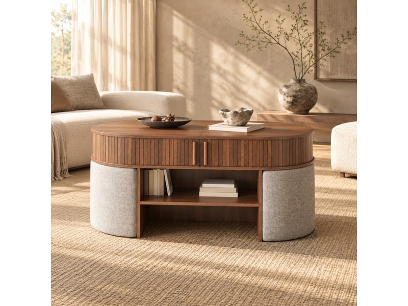  Table basse ovale avec rangement et 2 poufs en tissu, coloris noyer, 120 x 60 x 51,5 cm  - Conforama C