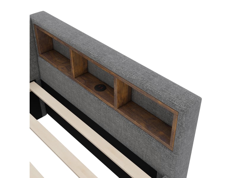  Lit banquette 90x200 en lin gris avec tiroirs - éclairage led, usbtype c et étagères  - Conforama W