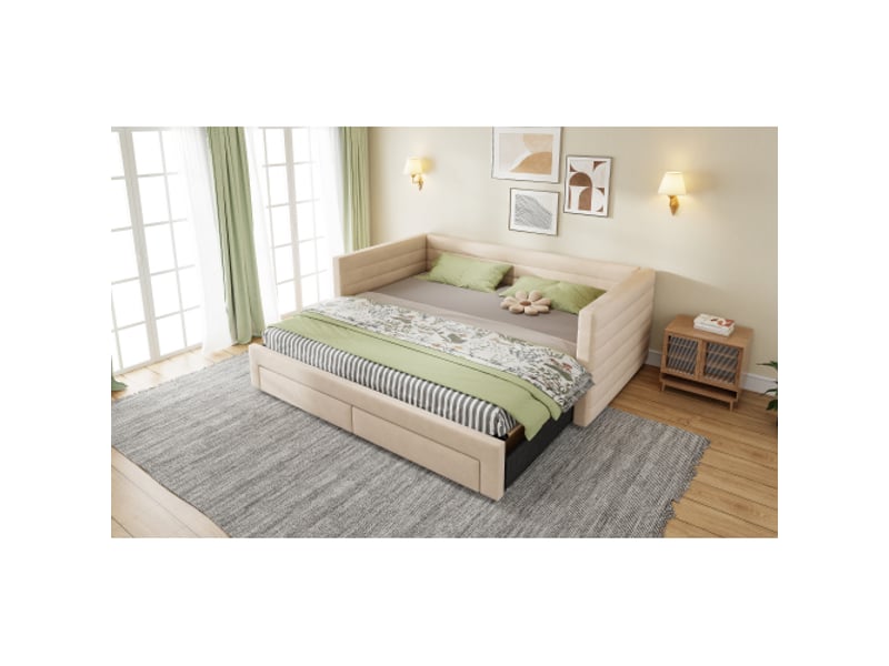  Banquette-lit 3 en 1 beige 90x190 cm extensible en 180x190 cm avec 2 grands tiroirs  - Conforama B