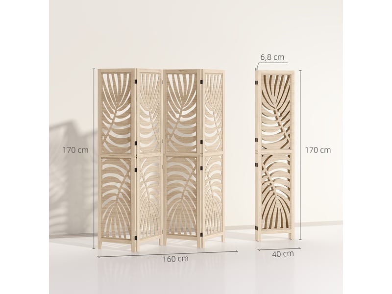  Paravent interieur en bois 4 panneaux 160 x 170 cm, pliable et portable, motif de feuille, bois naturel, design amovible  - Conforama C