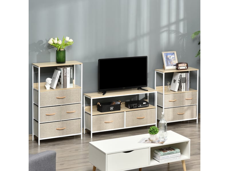  Meuble tv bas sur pieds tiroirs en tissu gris bois naturel et métal blanc style industriel 2  - Conforama W