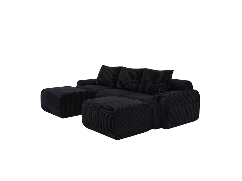 Canapé modulaire 3 places en velours côtelé avec 2 poufs, porte-gobelets, noir - Conforama E