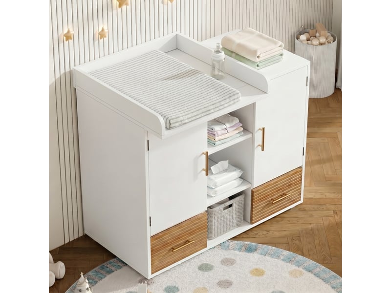  Table à langer avec meuble de rangement 114 x 53 x 92 cm mdf blanc et aspect bois, barrière amovible, 2 tiroirs  - Conforama B