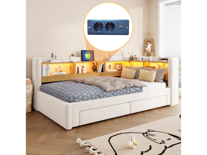  Lit gigogne enfant 90x200 cm avec lit tiroir extensible 180x200 cm, rangement, led et prise, lit banquette multifonction en velours - beige  - Conforama E