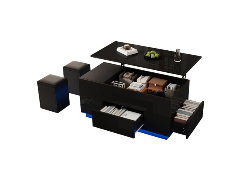  Table basse noire, table basse réglable en hauteur avec éclairage led, 2 tiroirs et 2 tabourets  - Conforama A