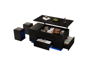 Table basse noire, table basse réglable en hauteur avec éclairage led, 2 tiroirs et 2 tabourets
