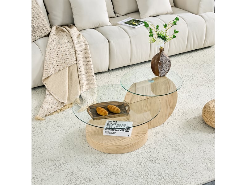 Table basse à deux niveaux avec plateaux en verre de sécurité et rangements en mdf effet bois clair 90 × 70 × 44 cm - Conforama D