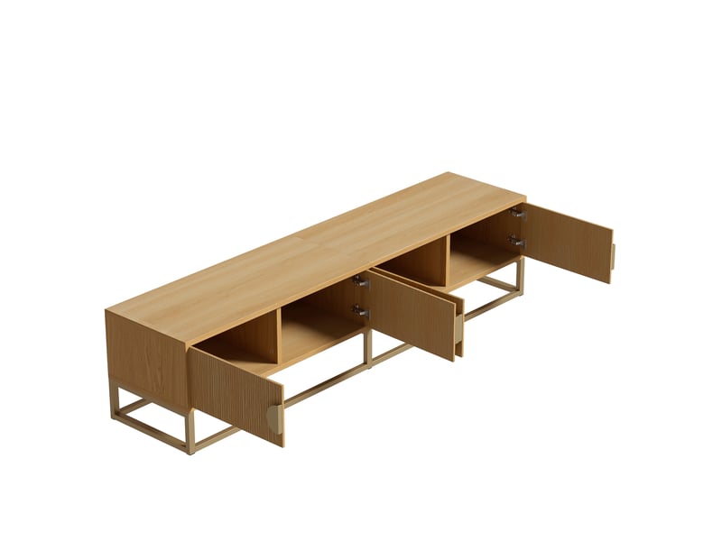  Meuble tv 180 cm effet bois avec 4 portes et poignées demi-lunes - mdf et pieds dorés  - Conforama R