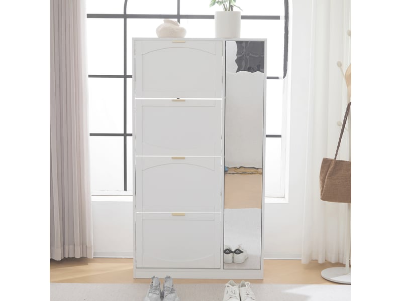  Meuble à chaussures ulevr avec miroir, 4 compartiments abattants, étagères réglables, 80 x 147 x 24 cm, blanc, panneaux de particules  - Conforama D