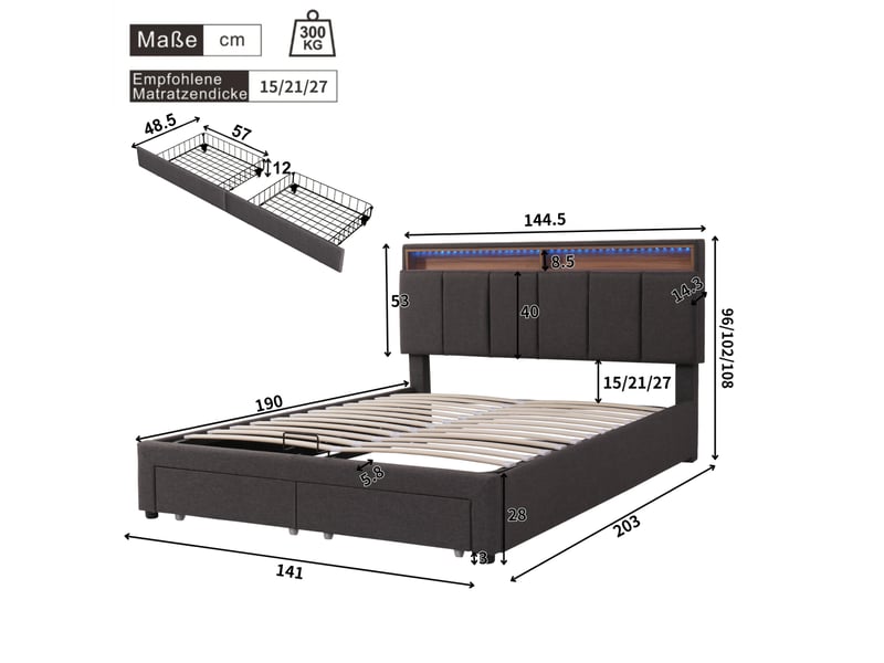  Lit 2 personnes rembourré 140x190 cm avec lumières led - 2 tiroirs - rangement de chevet - cadre de lit coffre hydraulique - lit double  avec sommier à lattes et tête de lit capitonné - 2 places - simple - lin gris - sans matela…  - Conforama E