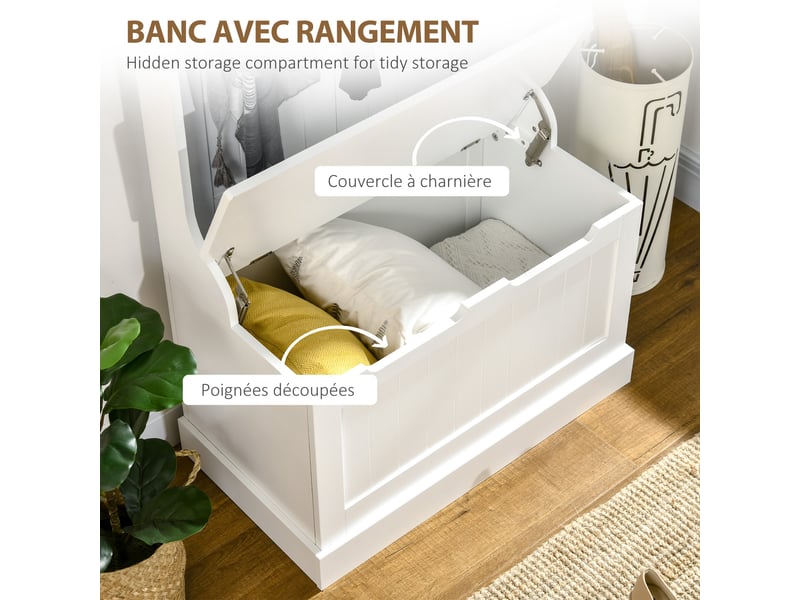Meuble d'entrée 4 en 1, vestiaire d'entrée avec banc de rangement et 4 crochets doubles, 71,5 x 39,5 x 170 cm, blanc - Conforama R