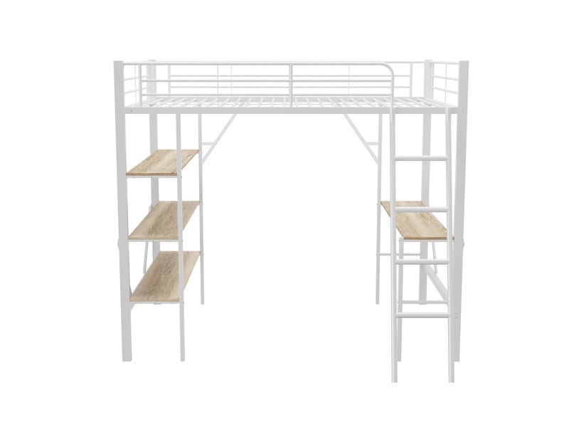  Lit mezzanine blanc 90x200 cm en métal avec bureau et 3 grandes étagères  - Conforama D
