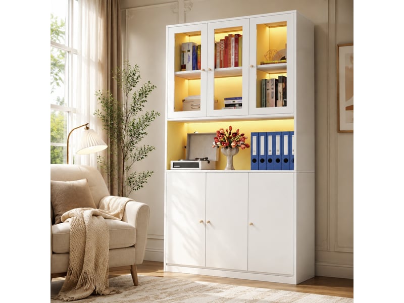 Bibliothèque avec led 100x35x200 cm, vitrine en verre, meuble de salon, 6 portes, pour chambre et bureau, mdf, blanc - Conforama B