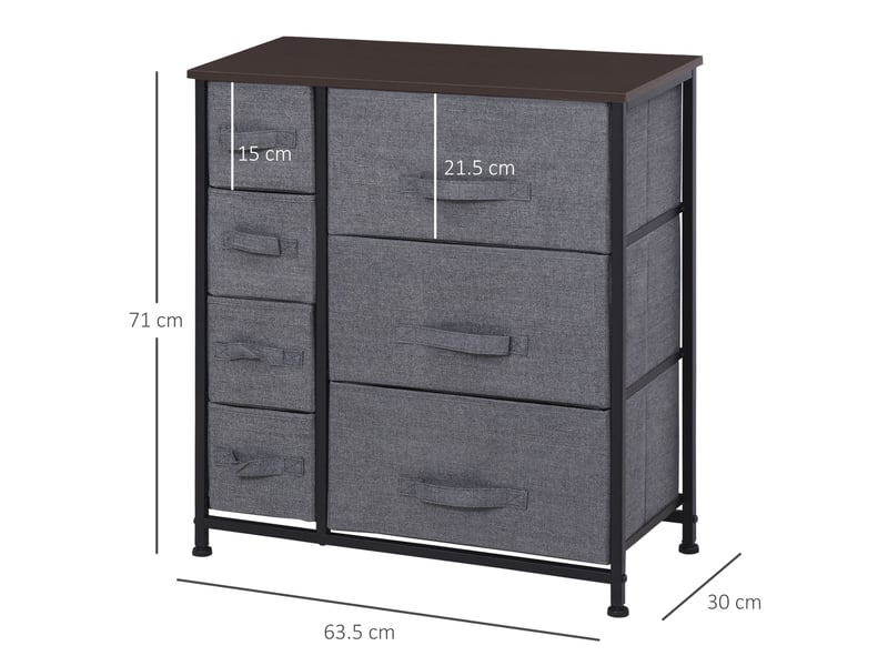  Commode de rangement à 7 tiroirs en tissu pliables, structure métal aspect bois, gris, 63,5 x 30 x 71 cm  - Conforama C