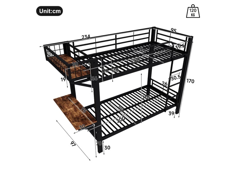 Lit superposé - 90x200 cm - bureau intégré - échelle - barrières de sécurité - rangements intégrés - structure métal - noir CozyNest - Conforama D