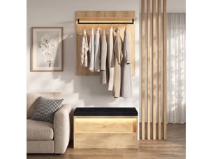 Set d'entrée porte-manteau mural et banc à chaussures 90x47x145 cm, avec led, mdf, bois clair