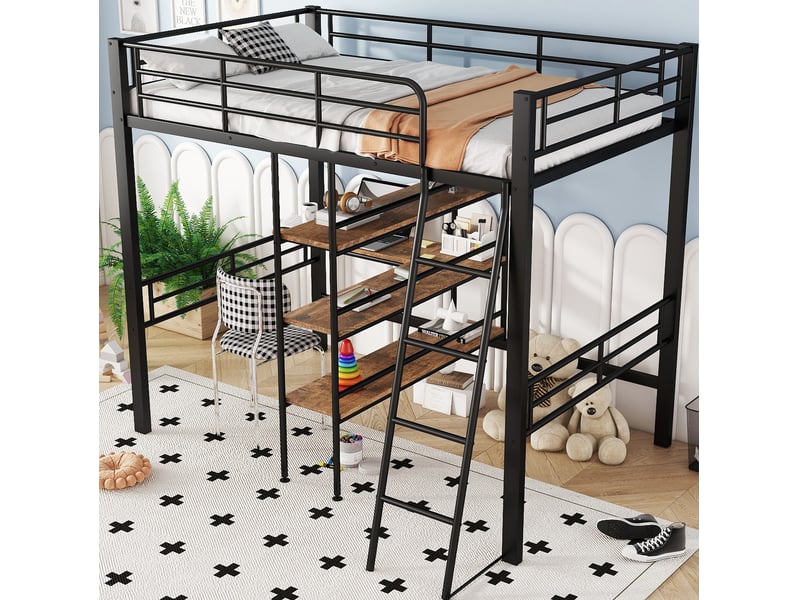  Lit mezzanine enfant 90 x 200 cm en métal avec bureau, étagères et échelle, noir  - Conforama D