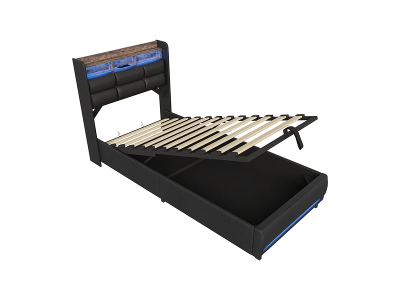 Lit coffre hydraulique 90x200 cm avec tête de lit en pu noir,led,usb,prises eu intégrées,lit simple,lit adolescent moderne - Conforama W