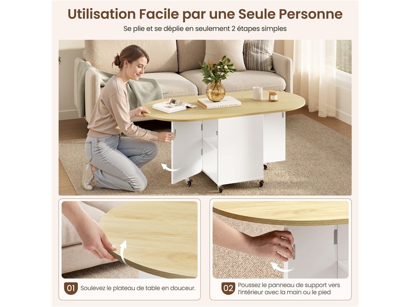  Table basse extensible 3-en-1 4080120x60x50,5 cm avec roulettes et rangement 616416 White/Oak - Conforama W