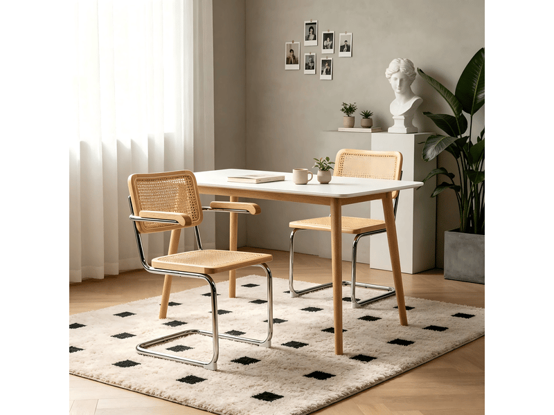  Lot de deux chaises de salle à manger, chaises en bois avec dossier en rotin et pieds chromés, style « brewer » du milieu du siècle, couleur naturelle  - Conforama B