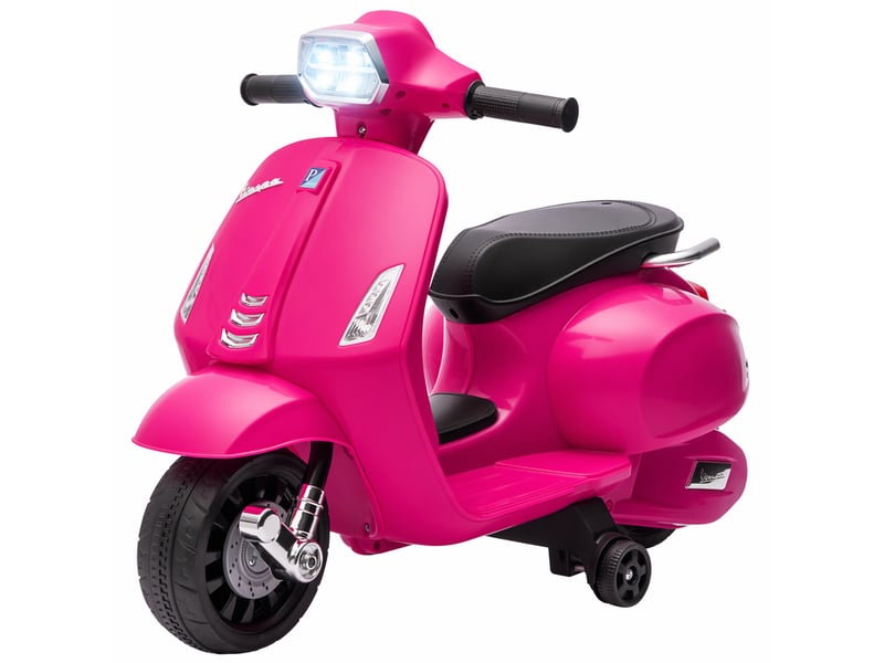 Moto électrique vespa 6v pour enfants de 2 à 4 ans, avec stabilisateurs, phare et klaxon. Dimensions : 71 x 37 x 52 cm. Couleur : rose. - Conforama B