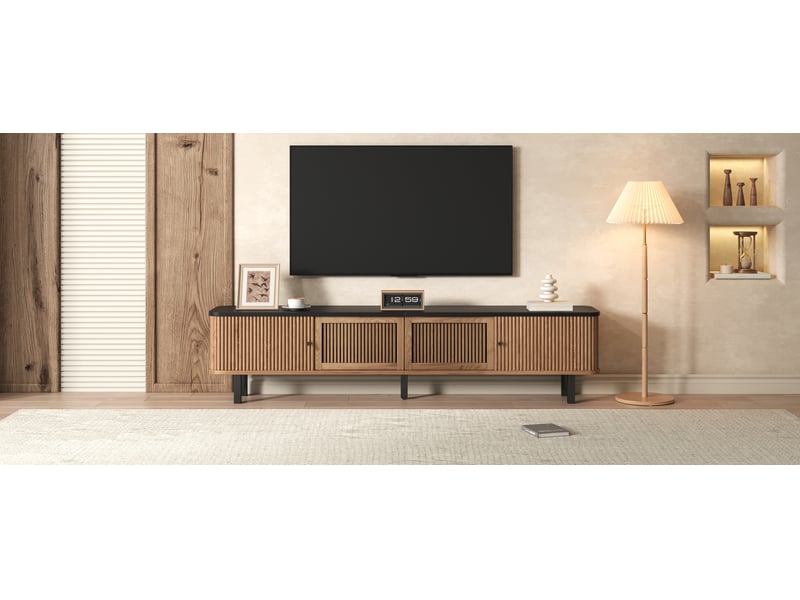 Meuble tv avec 2 portes coulissantes, 1 porte grillagée et rangements, pour salon, en panneaux chêne, 190 × 35 × 45 cm - Conforama C