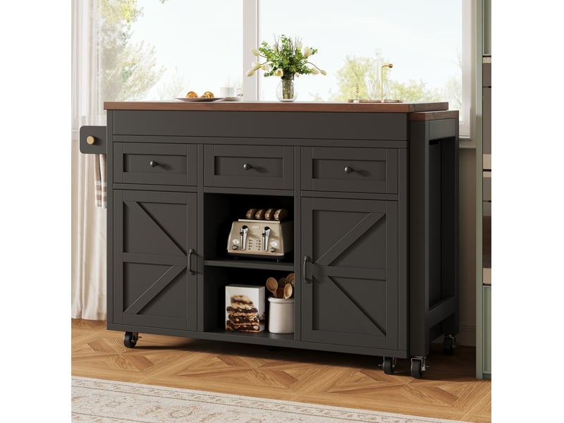  Îlot de cuisine avec table extensible et rangement, 131,5 à 210 cm, mdf noir  - Conforama D