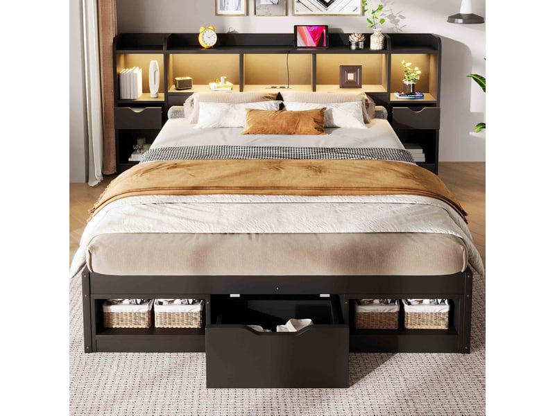  Lit coffre 140x200 cm avec rangement tête et pied de lit, 3 tiroirs, étagères, led, usb, cadre de lit plateforme en mdf et contreplaqué - noir  - Conforama D