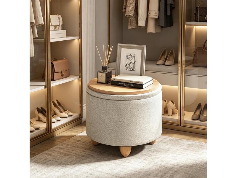  Pouf de rangement tcqpz rond 39 x 33 cm avec plateau en bois crème blanc  - Conforama D