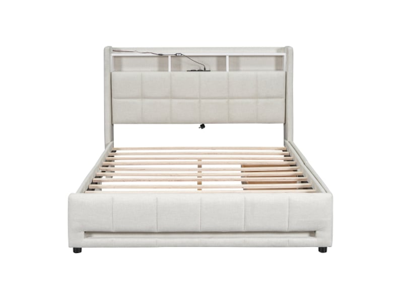  Lit capitonné, 140 x 200 cm, sans matelas, avec télécommande via application, éclairage led, tiroirs avec prises et ports usb, compartiment de rangement intégré, linge de lit, beige  - Conforama D