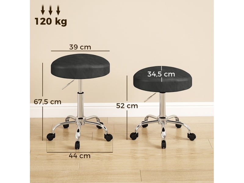  Tabouret de salon à roulettes noir en cuir régénéré, réglable de 52 à 67,5 cm, pivotant à 360° pour espaces compacts  - Conforama C