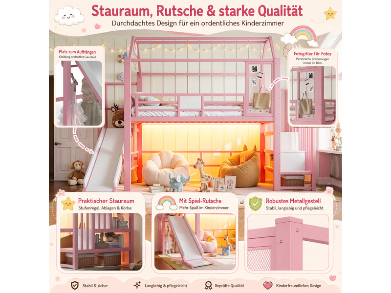  Lit mezzanine 90 x 200 cm, lit enfant surélevé, étagères ouvertes, éclairage led, structure en forme de maison, toboggan, échelle, métal, rose Morn Vibe - Conforama E