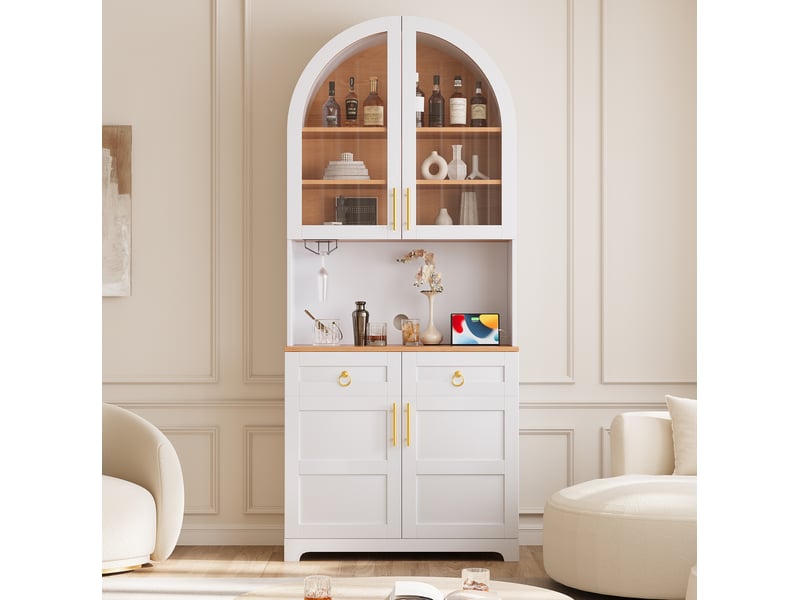 Buffet 80x40x180 cm avec vitrine en verre cintrée, éclairage led, prise intégrée et usb, 2 tiroirs, en mdf, blanc - Conforama B