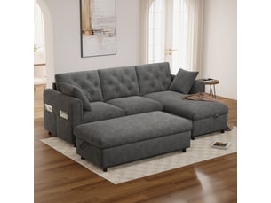 Canapé d'angle panoramique convertible <strong>SAPGAKS</strong> <strong></strong> 4 places Polyester gris avec coffre de rangement