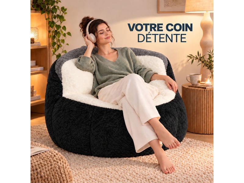 Canapé pouf géant en fausse fourrure, tissu doux respectueux de la peau, mousse déchiquetée haute résilience,noir+blanc+gris - Conforama E
