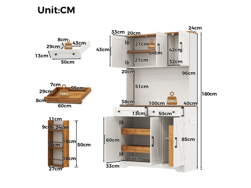  Armoire de cuisine haute 100x40x180 cm, meuble de rangement avec led rgb, prises électriques, portes de grange, naturel et blanc  - Conforama D