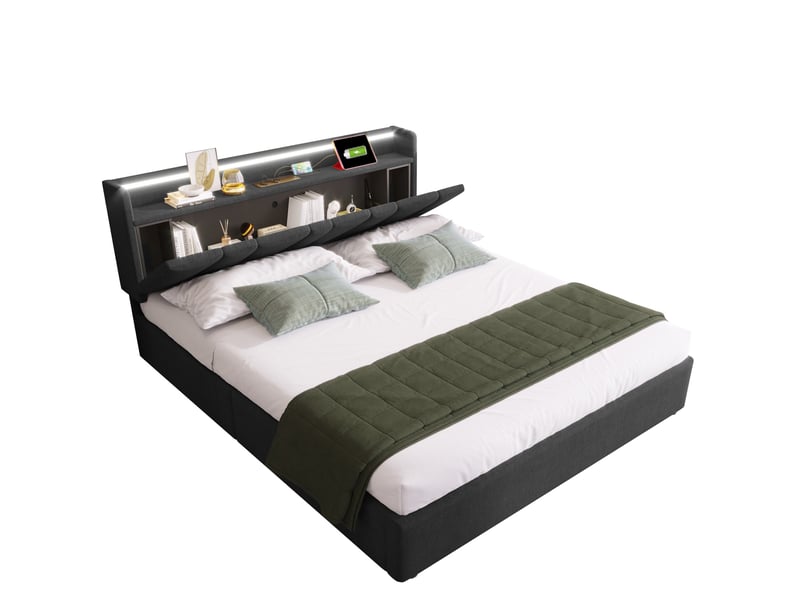 Lit double 140 x 200 cm gris avec tête de lit de rangement, led et prises usb - Conforama A