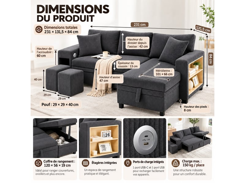  Canapé d'angle réversible convertible 3 places avec coffre, ports usb-c, étagères et 2 poufs, velours côtelé gris, 231 cm  - Conforama C