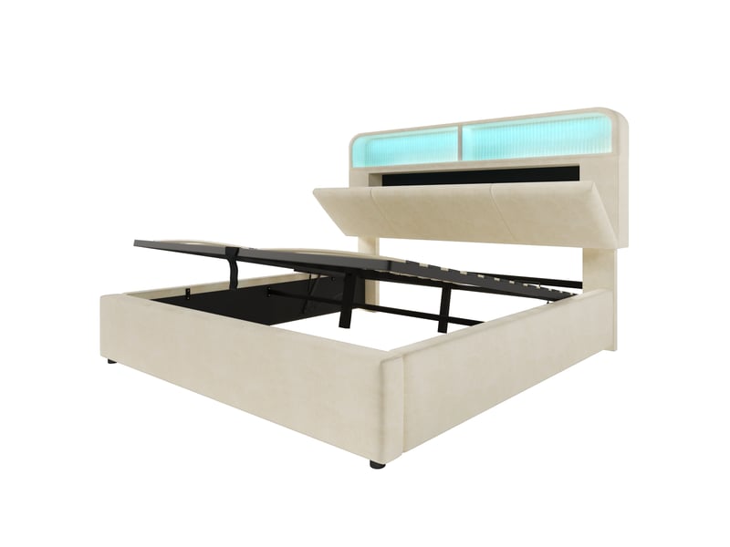  Lit double capitonné 140x200 cm,lit coffre hydraulique,tête de lit réglable avec led,ports usb et type-c,velours,beige  - Conforama A